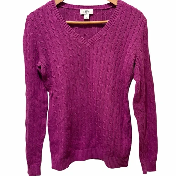 LOFT Women's V-Neck Cable Knit Sweater in Pink Plum - Picture 1 of 8